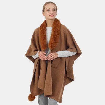 Fashnzfab Faux Fur Collar Pom Pom Poncho In Brown