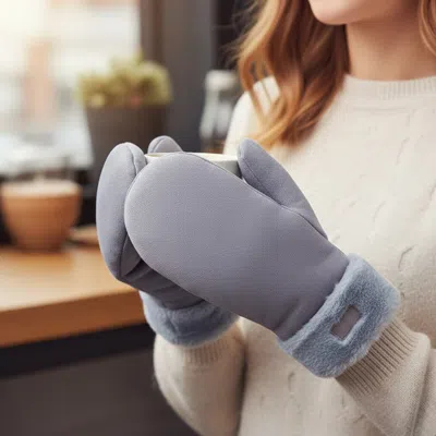 Fashnzfab Faux Fur Cuff Fleece Lined Mittens In Gray
