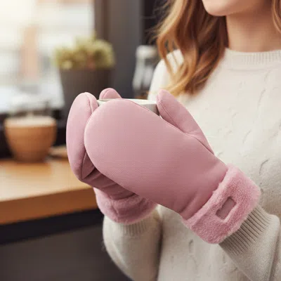 Fashnzfab Faux Fur Cuff Fleece Lined Mittens In Pink