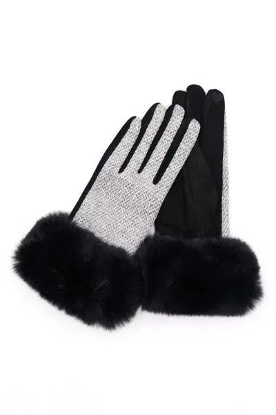 Fashnzfab Faux Fur Cuff Mixed Color Smart Touch Gloves In Black