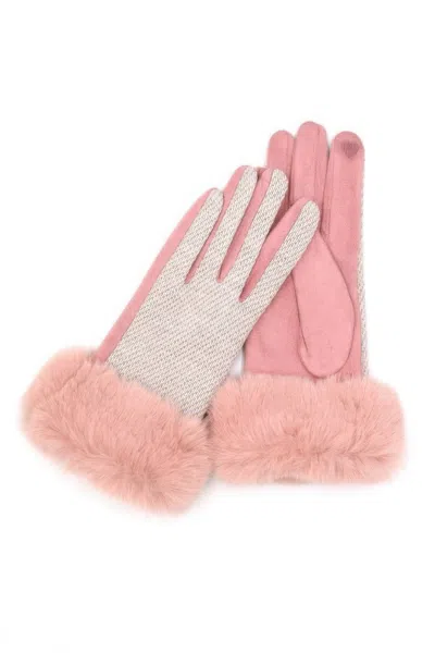 Fashnzfab Faux Fur Cuff Mixed Color Smart Touch Gloves In Pink