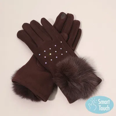 Fashnzfab Faux Fur Cuff Pom Rhinestone Embellished Smart Touch Winter Gloves In Brown