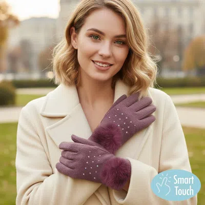 Fashnzfab Faux Fur Cuff Pom Rhinestone Embellished Smart Touch Winter Gloves In Pattern