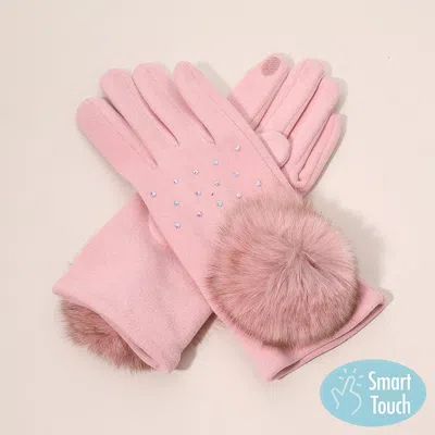 Fashnzfab Faux Fur Cuff Pom Rhinestone Embellished Smart Touch Winter Gloves In Pink