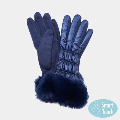 Fashnzfab Faux Fur Cuff Puffer Smart Touch Gloves In Blue