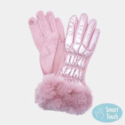 Fashnzfab Faux Fur Cuff Puffer Smart Touch Gloves In Pink