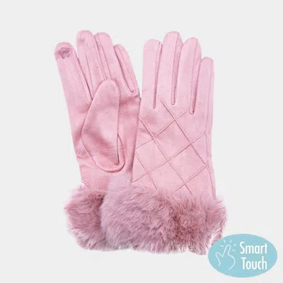 Fashnzfab Faux Fur Cuff Quilted Smart Touch Gloves In Pink