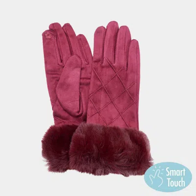 Fashnzfab Faux Fur Cuff Quilted Smart Touch Gloves In Red