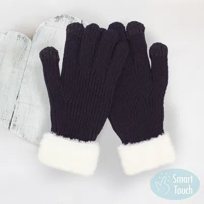 Fashnzfab Faux Fur Cuff Smart Touch Knit Gloves In Black