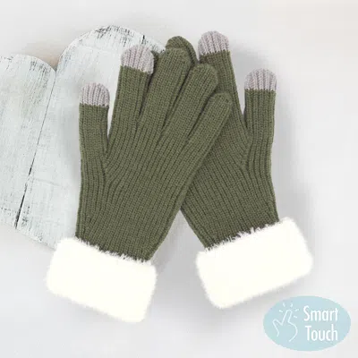 Fashnzfab Faux Fur Cuff Smart Touch Knit Gloves In Green