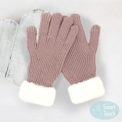 Fashnzfab Faux Fur Cuff Smart Touch Knit Gloves In Pink