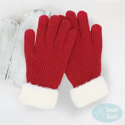 Fashnzfab Faux Fur Cuff Smart Touch Knit Gloves In Red