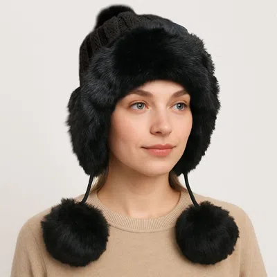 Fashnzfab Faux Fur Ear Flap Pom Pom Winter Trapper Hat In Black