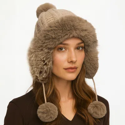 Fashnzfab Faux Fur Ear Flap Pom Pom Winter Trapper Hat In Brown