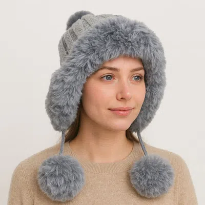 Fashnzfab Faux Fur Ear Flap Pom Pom Winter Trapper Hat In Gray