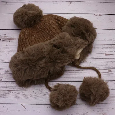 Fashnzfab Faux Fur Earmuff Pom Pom Winter Hat In Brown