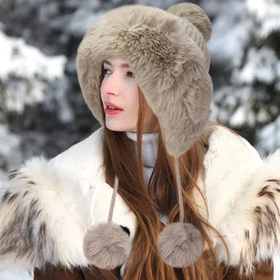 Fashnzfab Faux Fur Earmuff Pom Pom Winter Hat In Sand