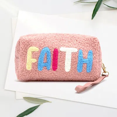Fashnzfab Faux Fur Faith Message Pouch With Wristlet In Pink