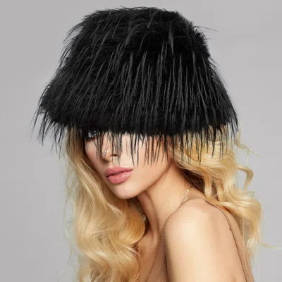 Fashnzfab Faux Fur Feather Bucket Hat In Black