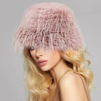 Fashnzfab Faux Fur Feather Bucket Hat In Pink