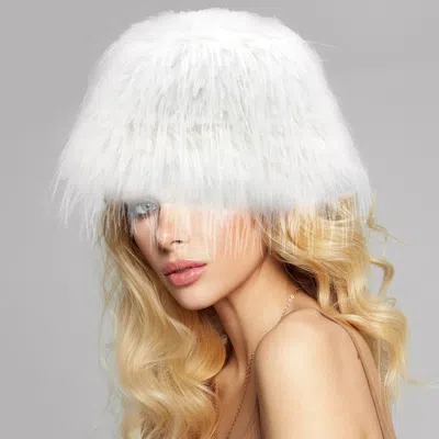 Fashnzfab Faux Fur Feather Bucket Hat In White