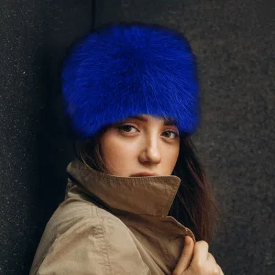 Fashnzfab Faux Fur Furry Cossack Style Winter Hat In Blue