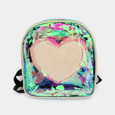 Fashnzfab Kids' Faux Fur Heart Accented Clear Holographic Transparent Backpack In White