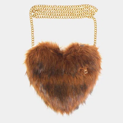 Fashnzfab Faux Fur Heart Crossbody Bag In Brown