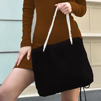 Fashnzfab Faux Fur Pearl Strap Tote Bag In Black