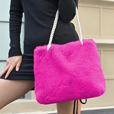 Fashnzfab Faux Fur Pearl Strap Tote Bag In Pink