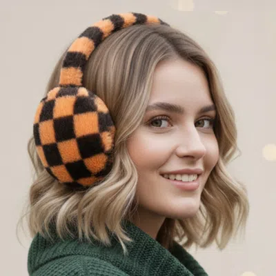 Fashnzfab Faux Fur Plush Checkered Earmuffs In Brown