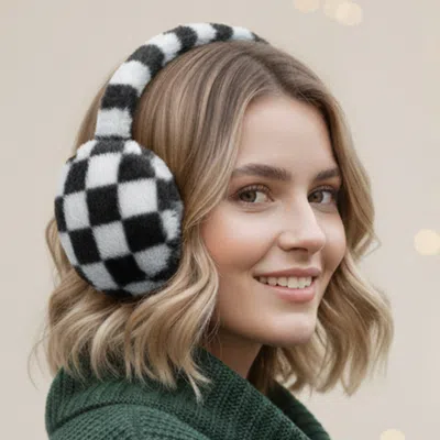 Fashnzfab Faux Fur Plush Checkered Earmuffs In White