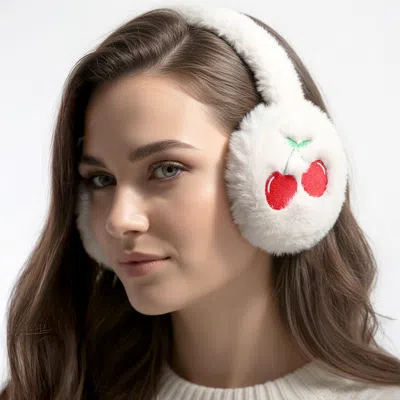 Fashnzfab Faux Fur Plush Cherry Embroidered Earmuffs In Red