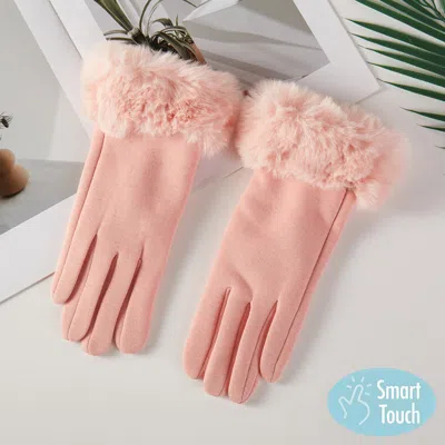 Fashnzfab Faux Fur Plush Cuff Smart Touch Gloves In Pink