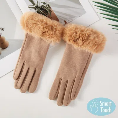Fashnzfab Faux Fur Plush Cuff Smart Touch Gloves In Sand