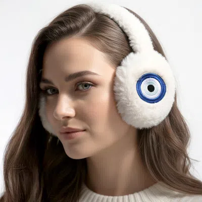 Fashnzfab Faux Fur Plush Evil Eye Embroidered Earmuffs In White