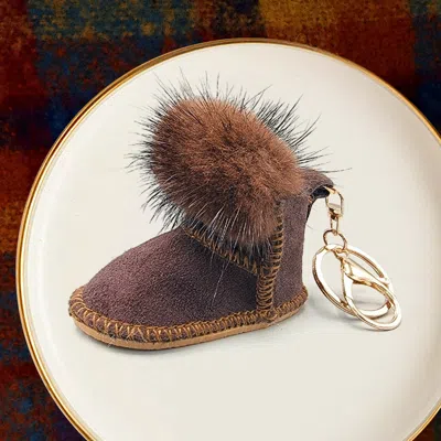 Fashnzfab Faux Fur Pom Pom Boot Keychain In Brown