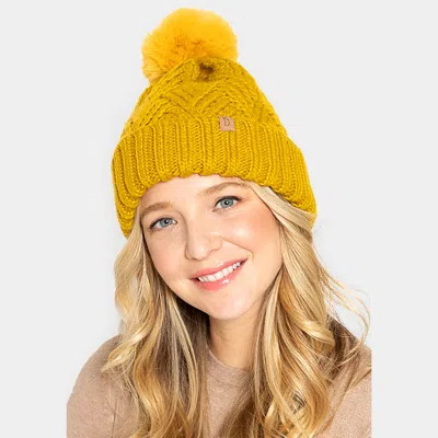 Fashnzfab Faux Fur Pom Pom Cable Knit Beanie Hat In Yellow