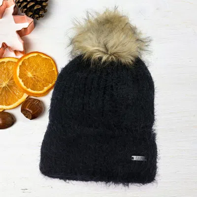 Fashnzfab Faux Fur Pom Pom Cuffed Single Layered Beanie Hat In Black