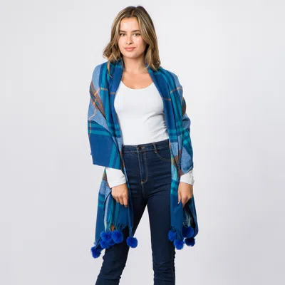 Fashnzfab Faux Fur Pom Pom Tassel Plaid Scarf In Blue