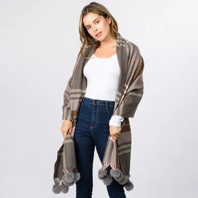 Fashnzfab Faux Fur Pom Pom Tassel Plaid Scarf In Gray