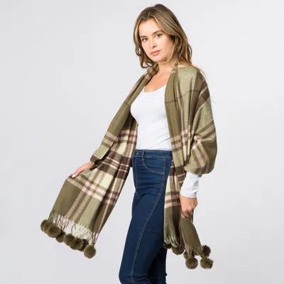 Fashnzfab Faux Fur Pom Pom Tassel Plaid Scarf In Green
