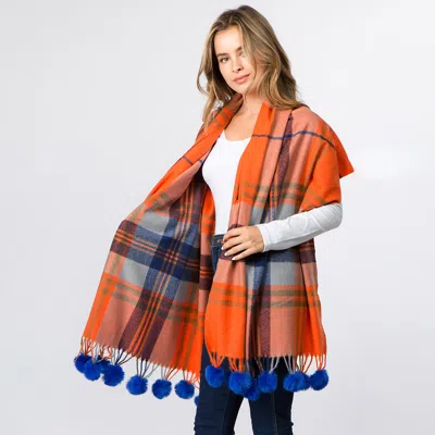Fashnzfab Faux Fur Pom Pom Tassel Plaid Scarf In Orange