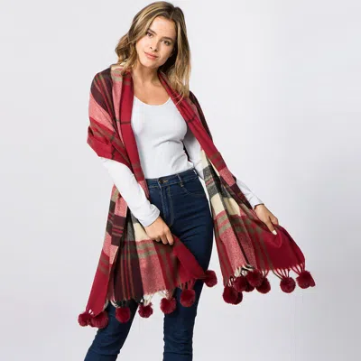 Fashnzfab Faux Fur Pom Pom Tassel Plaid Scarf In Red