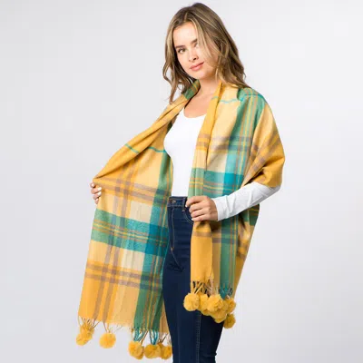 Fashnzfab Faux Fur Pom Pom Tassel Plaid Scarf In Yellow