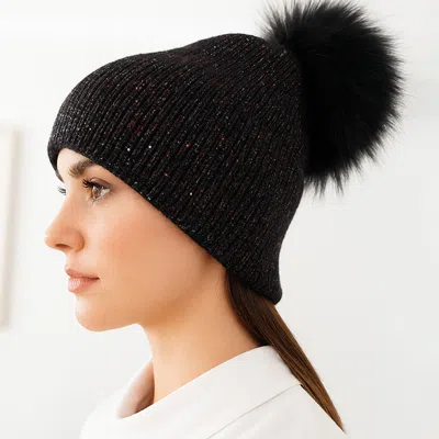 Fashnzfab Faux Fur Pom Sparkly Ribbed Knit Winter Beanie Hat In Black