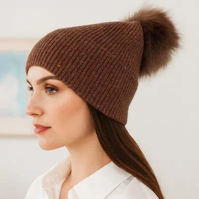 Fashnzfab Faux Fur Pom Sparkly Ribbed Knit Winter Beanie Hat In Brown