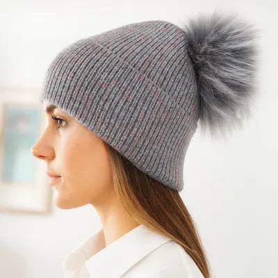 Fashnzfab Faux Fur Pom Sparkly Ribbed Knit Winter Beanie Hat In Gray