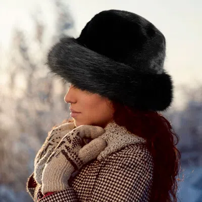 Fashnzfab Faux Fur Russian Style Plush Bucket Hat In Black