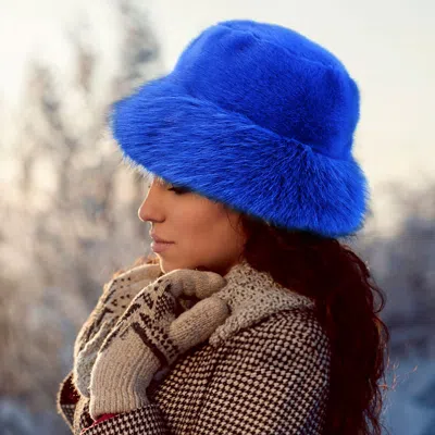 Fashnzfab Faux Fur Russian Style Plush Bucket Hat In Blue